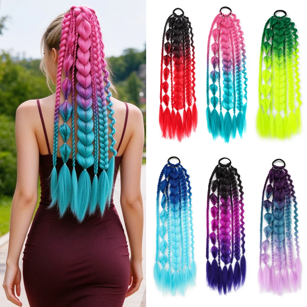 24Inch Synthetic Bubble Ponytail Hand Braided Elastic Rubber Band Twist Braid Hair Extension Colorful Braided Ponytail for Party