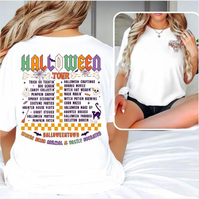 

Retro Halloween Tour T-shirt for Women Halloween Town Graphic Tee Spooky Season Checklist Slogan Top Nostalgic Holiday Gift
