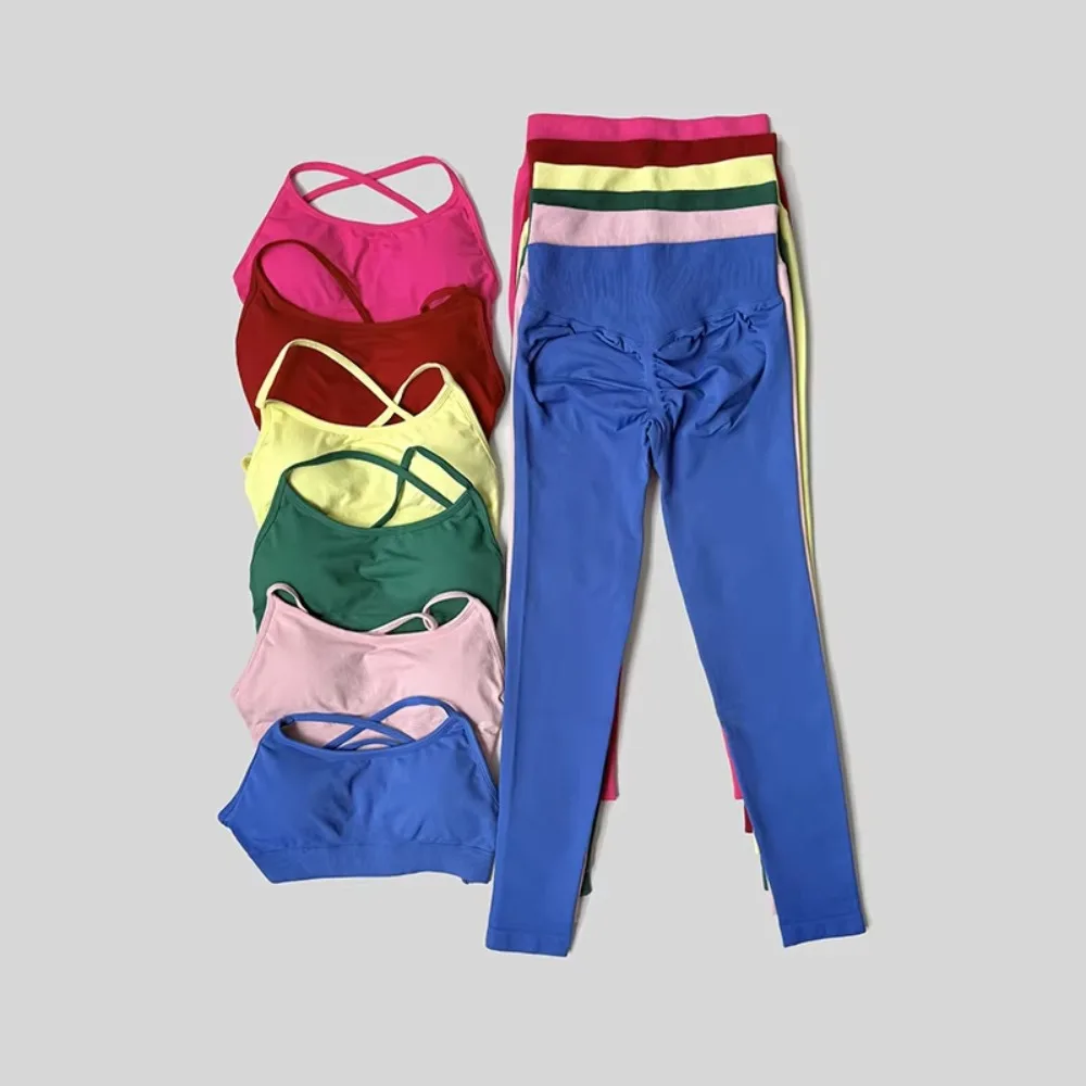 

Same Color Yoga Set Women's Two-piece Lace-Up Yoga Cross Bra Top Workout Leggings Pilates Seamless Sports Set
