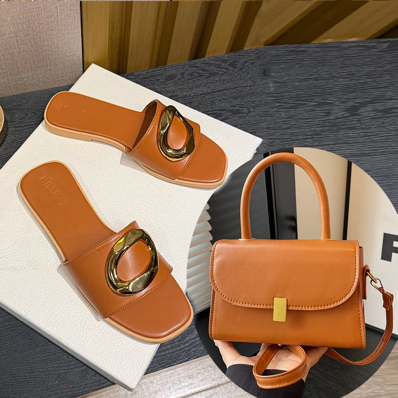 Women's Summer Fashion Metal Decorative Slippers Plus Size Flat Sandals with Advanced Metal Buckle Decorative Shoulder Bag Set