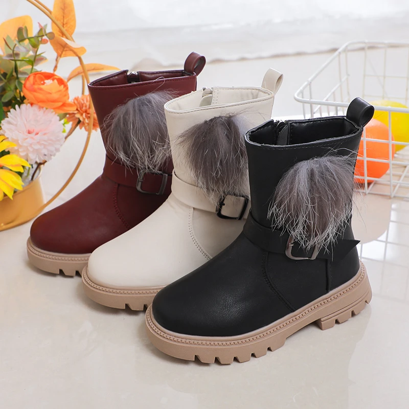 Girls Leather Boots with Fluffy Hairy Ball Cute Warm Autumn Winter Kids Princess Boots Sweet Fashion Side Zipper Anti-skid Soft