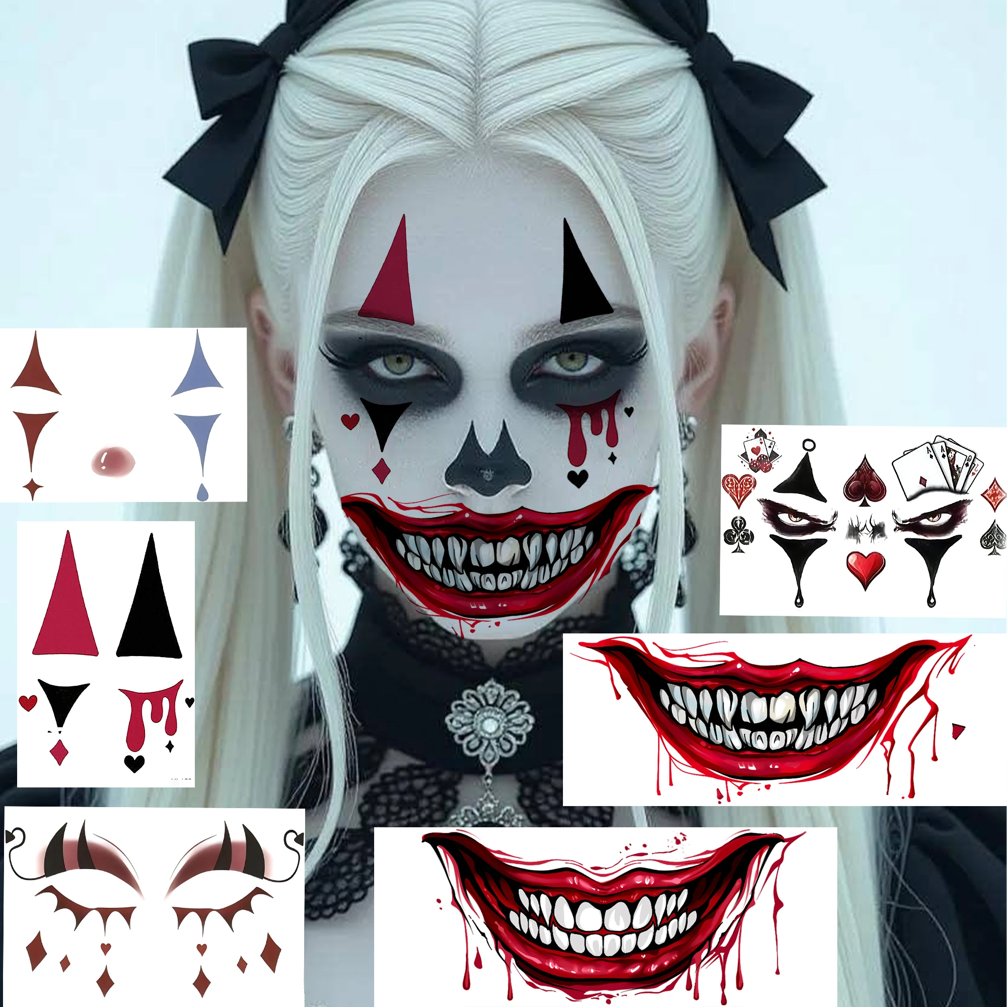 6 Sheets Halloween Scary Clown Bloody Mouth Temporary Tattoo, Horror Face Fake Tattoo Stickers Waterproof Long Lasting Realistic