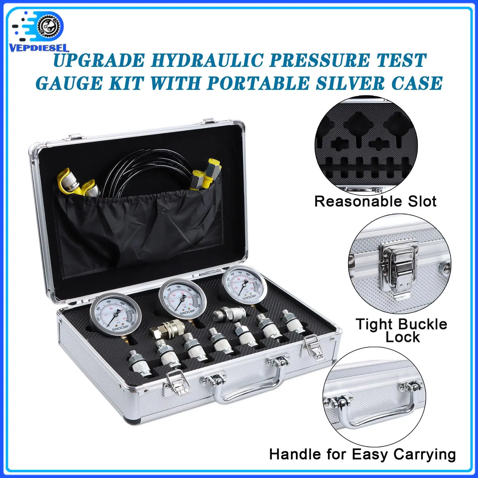 

1set 9000PSI Hydraulic Pressure Gauge Test Kit 25/40/60MPA Test Coupling Hose Diagnostic Tool Excavator with 1 Year Warranty