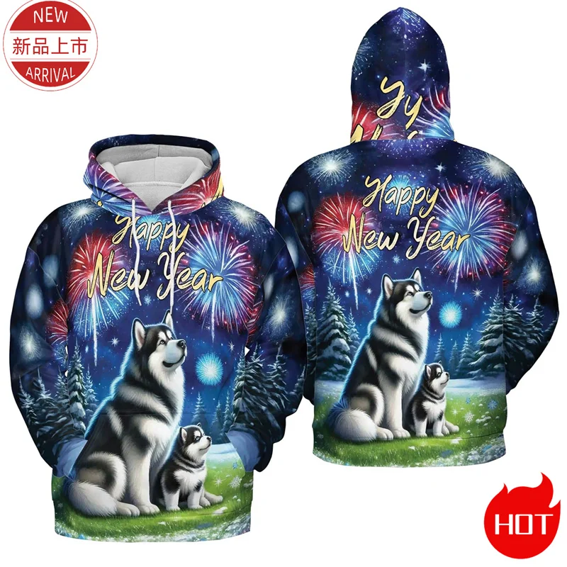 3D Print 2025 Happy New Year Hoodies Firework Cute Pull Terrier Corgi Graphic Hooded Hoody Fashion Streetwear Mens Clothing Tops