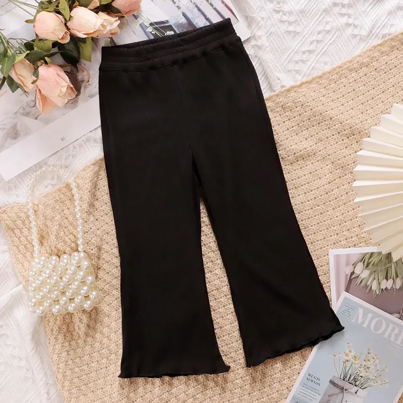 Children Summer Solid Color Thin Ribbed Knit Flared Pants Girls Casual Trousers Korea Fashion Pants Girl Princess Style Pantalon