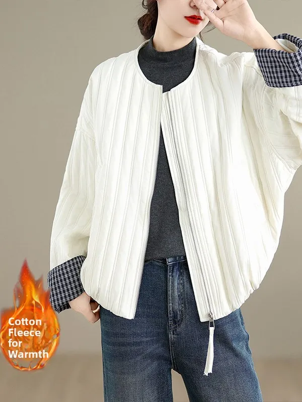 

Loose Korean Sle round Ne Cotton Jaet Thiened Autumn Winter New Design Patchwork Sve Commuter Sle Zipper Closure