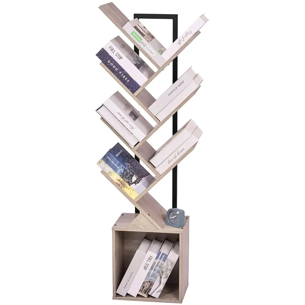 

Tree Bookshelf Bookcase With Storage Cabinet, 7-Tier Modern Corner Bookshelves, Narrow Wood Book Rack, Mini Floor Standing Book