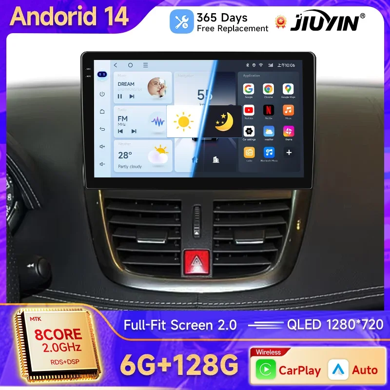 JIUYIN Wireless CarPlay Android 15 Auto Radio for Peugeot 207 207CC 2006 2007 2008 2009 2010 2011 2012-2015 GPS 2din Autoradio