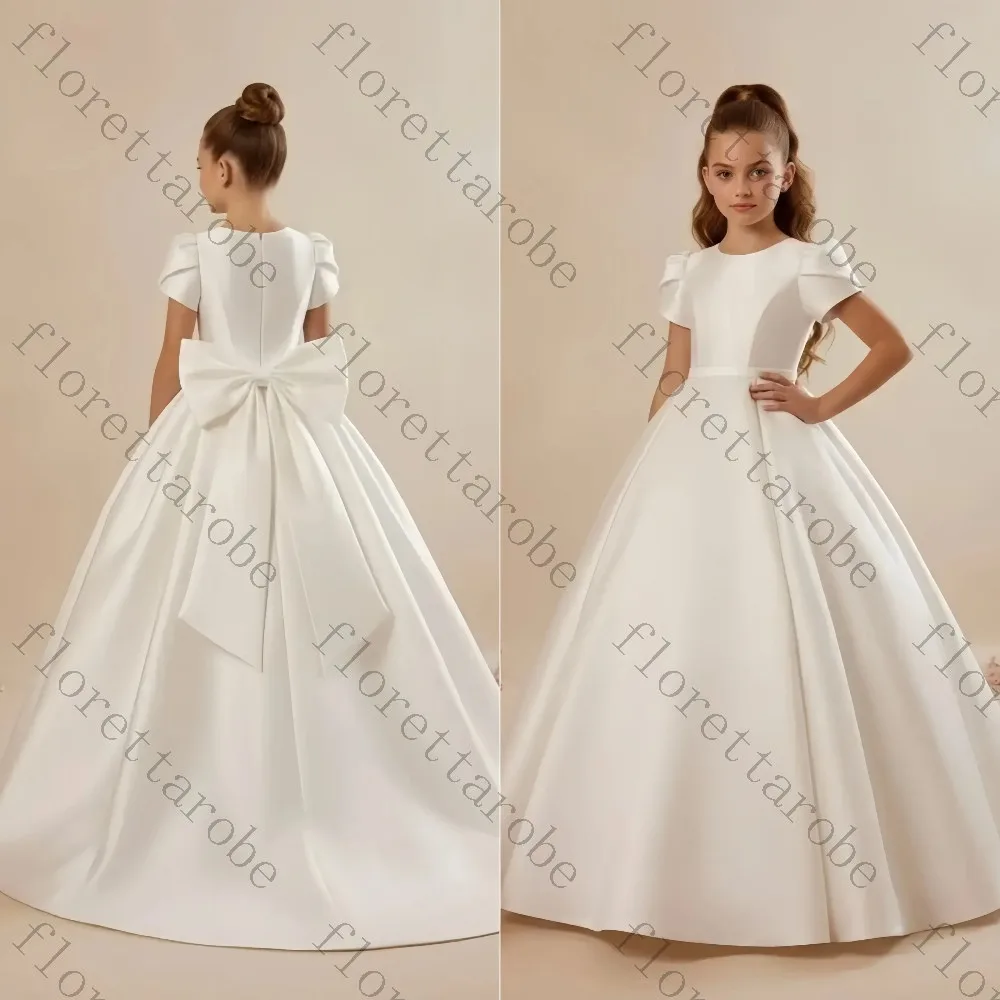 Customized Elegant First Communion White Flower Girl Dress for Wedding with Bow Satin Floor Length Ball Birthday Party Gowns