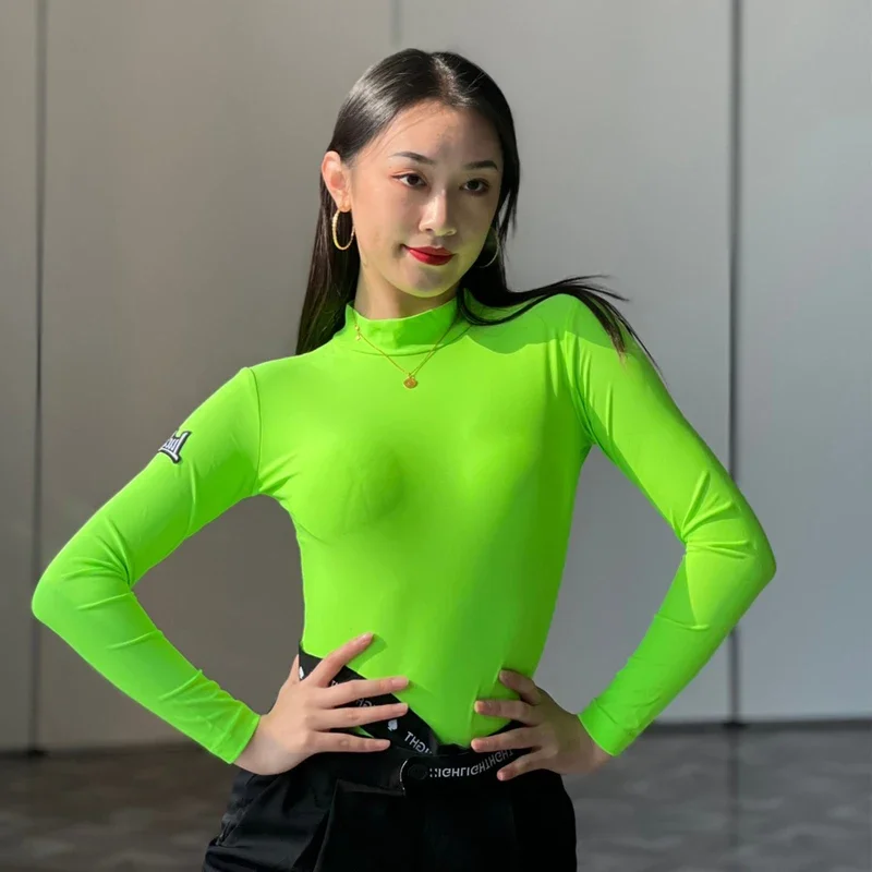 

Latin Dance Tops Women Adult High Collar Long Sleeves Bodysuit Green Black Blue Adult Practice Wear Performance Clothes DNV18766