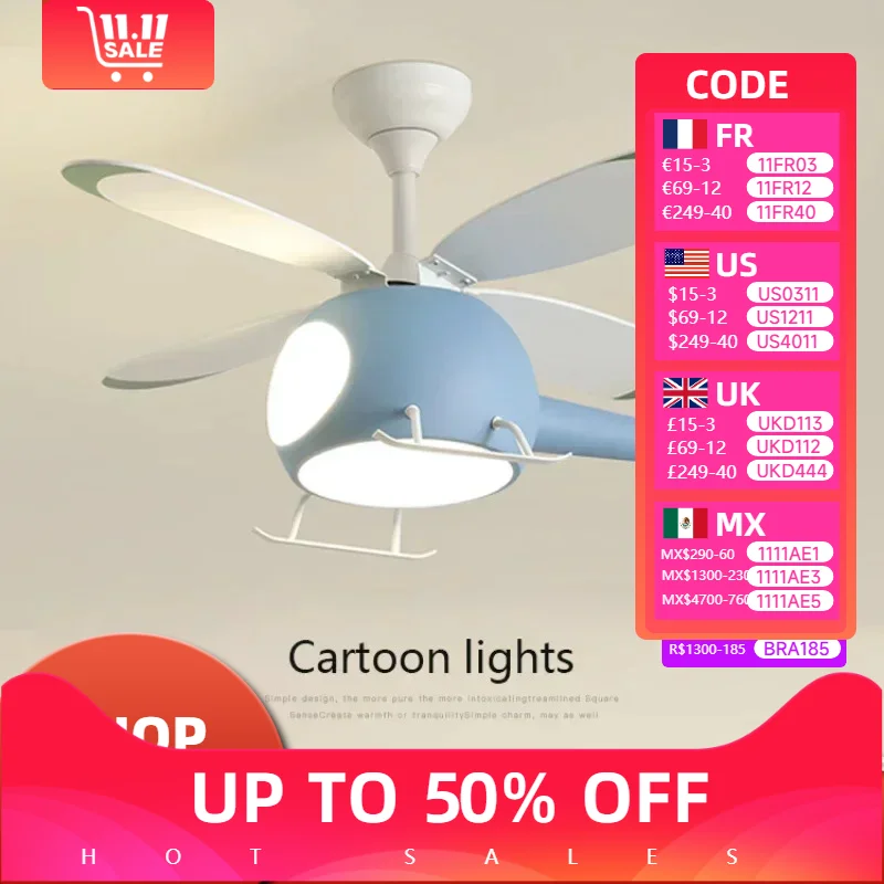 

Cartoon Ceiling Lamps for Room Helicopter Fan Chandelier for Children's Bedroom Indoor Led Lights Fixture Luster Home-appliance