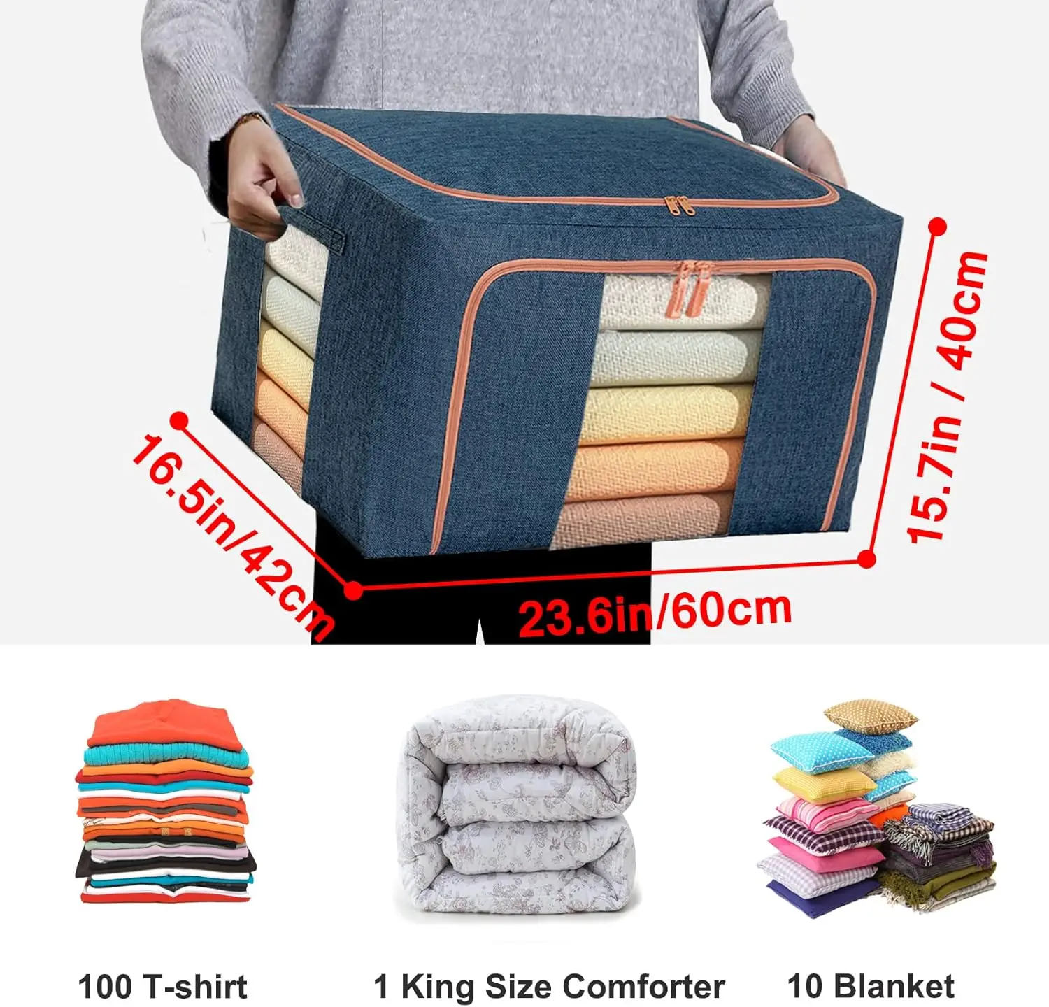 Large Capacity Clothes Storage Bags,Stackable Storage Organizer With Foldable Metal Frame, Zipper, Handles, Clear Window, Navy,