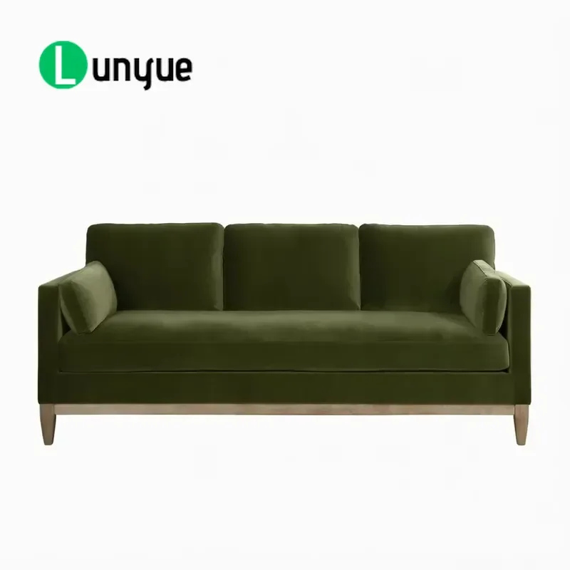 Forest Green Velvet 3 Seater Sofa Mid Century Modern Style Living Room Furniture with Wooden Legs Comfortable Couch for Home