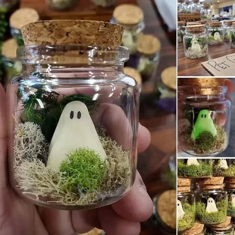 Mini Pet Ghost Bottle with Moss Creative Glow-in-the-Dark Halloween Ghost Doll Small Decoration Children's Holiday Gift