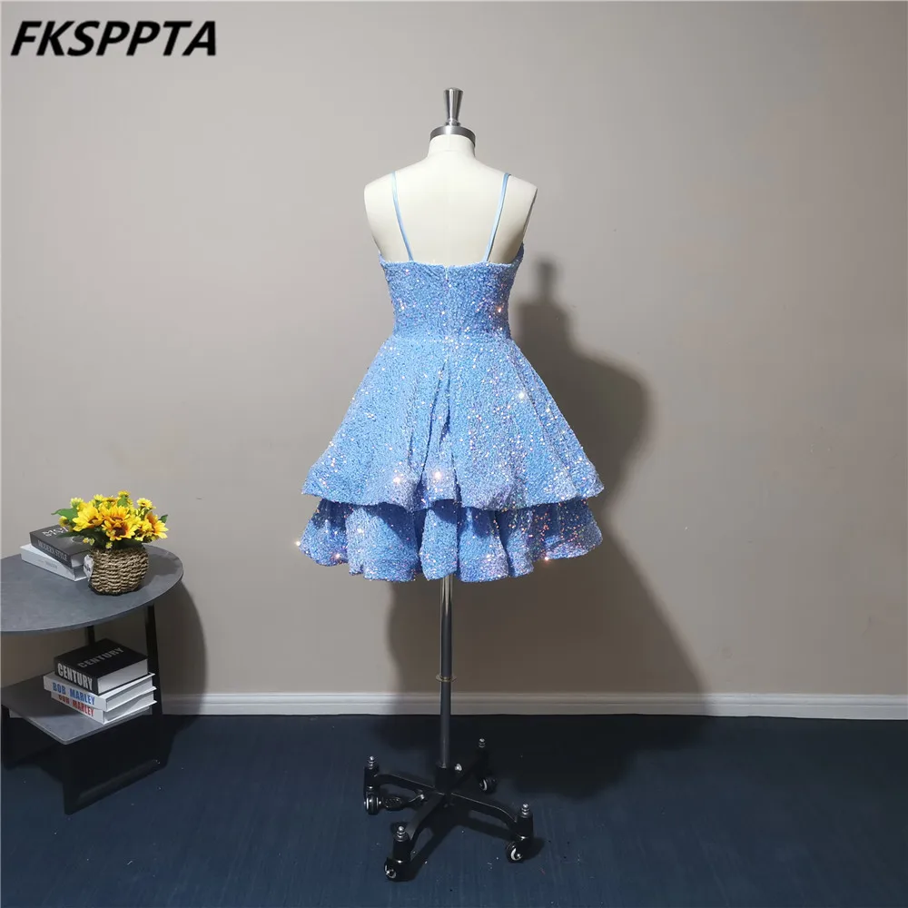 Bebê azul vestidos de baile curto a linha em camadas saia cintas de espaguete lantejoulas elásticas brilhantes vestidos de festa de aniversário para as mulheres personalizar