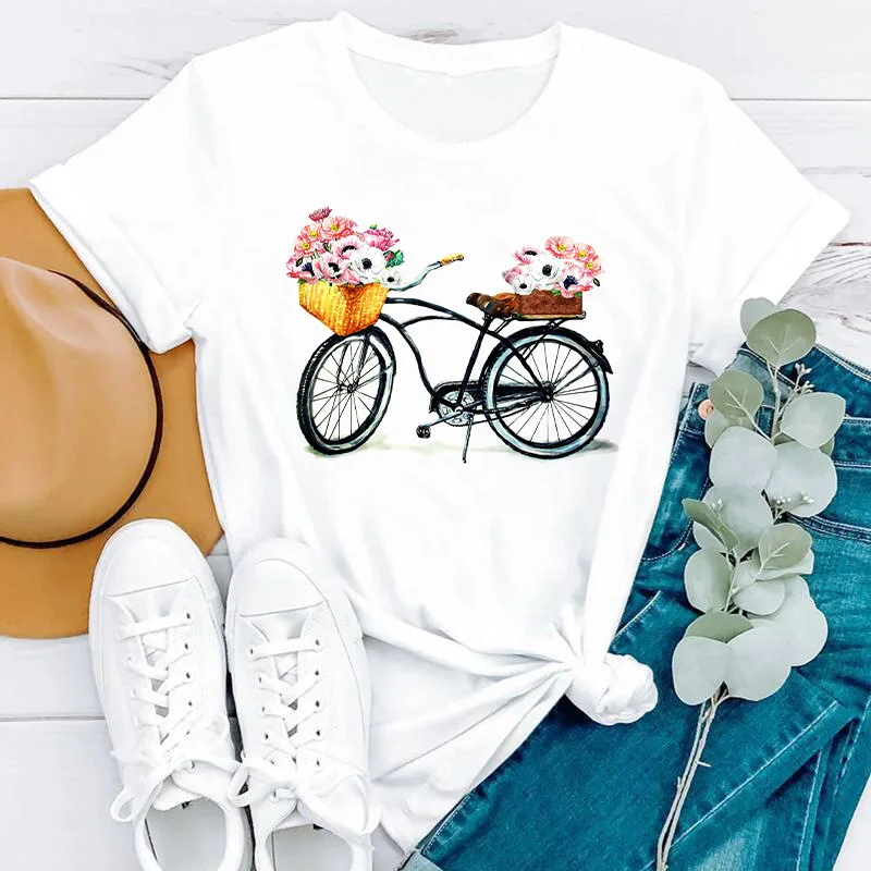 New Women's Personalized Flower Basket Bicycle Print Small Wind Short-sleeved T-shirt Women Casual All Good Friends Harajuku