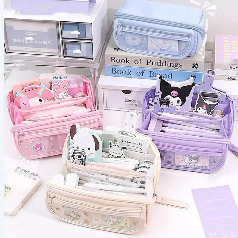 Sanrio High-capacity Pencil Case Cute Kuromi Cinnamoroll Melody Multifunction Stationery Bag Kawaii Canvas Multilayer Pencil Bag