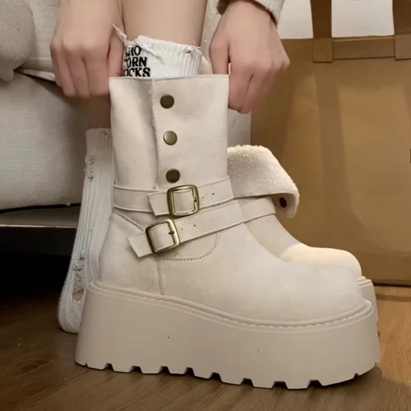 Winter Platform Thick Bottom Women Fur Snow Boots Outdoor Comfort Keep Warm Shoes Ladies Belt Buckle Short Botas Para Mujer