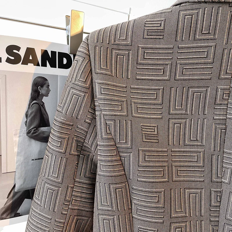 Women Temperament Commuter Blazer Brown V-neck Metal Button Jacquard Plaid Short Suit Coat