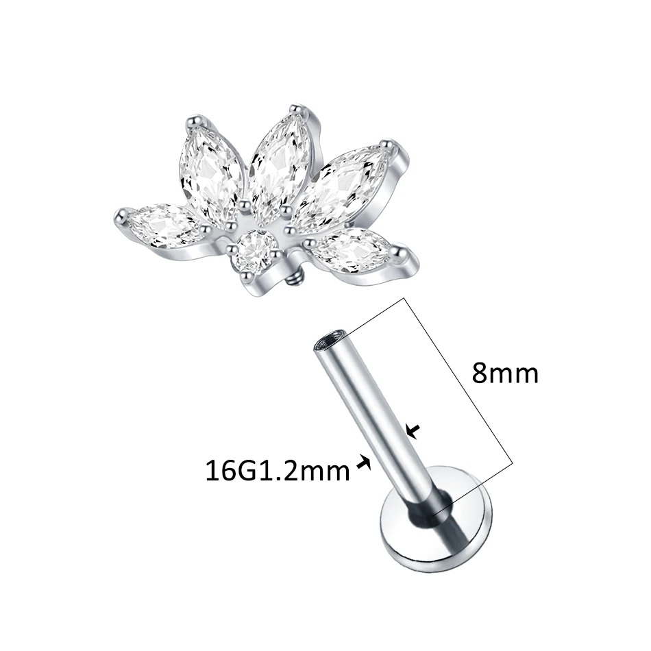1PC 16G Titanium Marquise CZ Cartilage Helix Conch Lobe Stud Earring Piercings Flat Back Earring Lip Labret Stud Women Jewelry image 2