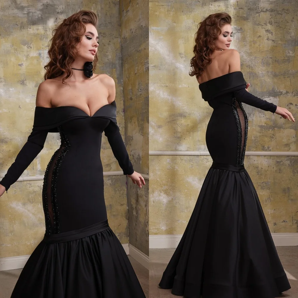 Exquisite Sparkle Customized Jersey Beading Draped Pleat Beach Mermaid Off-the-shoulder Bespoke Occasion Gown Long Dresses