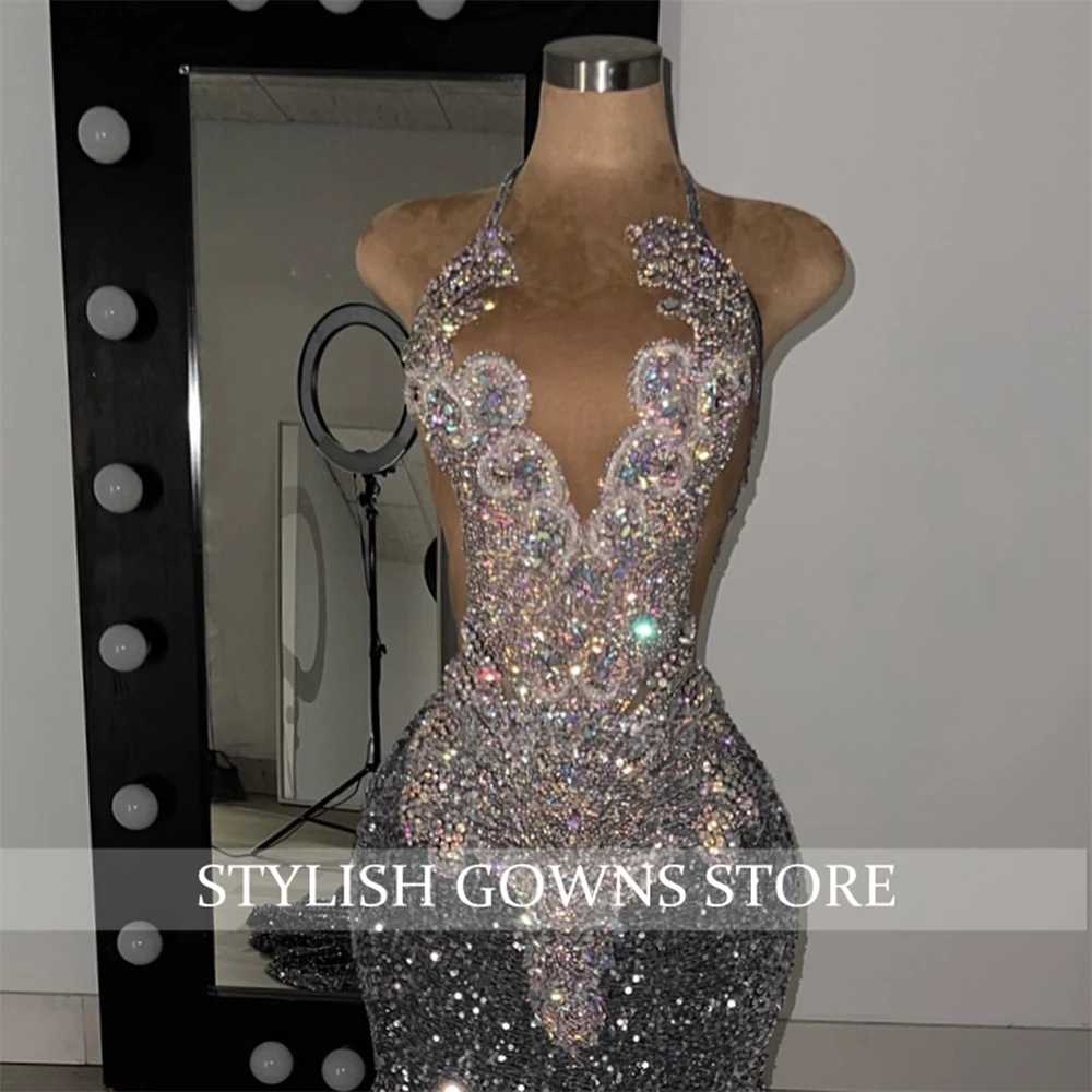 Silver Halter Long Prom Dress For Black Girls 2024 Beaded Crystal Birthday Party Dresses Sparkly Sequined Evening Gowns