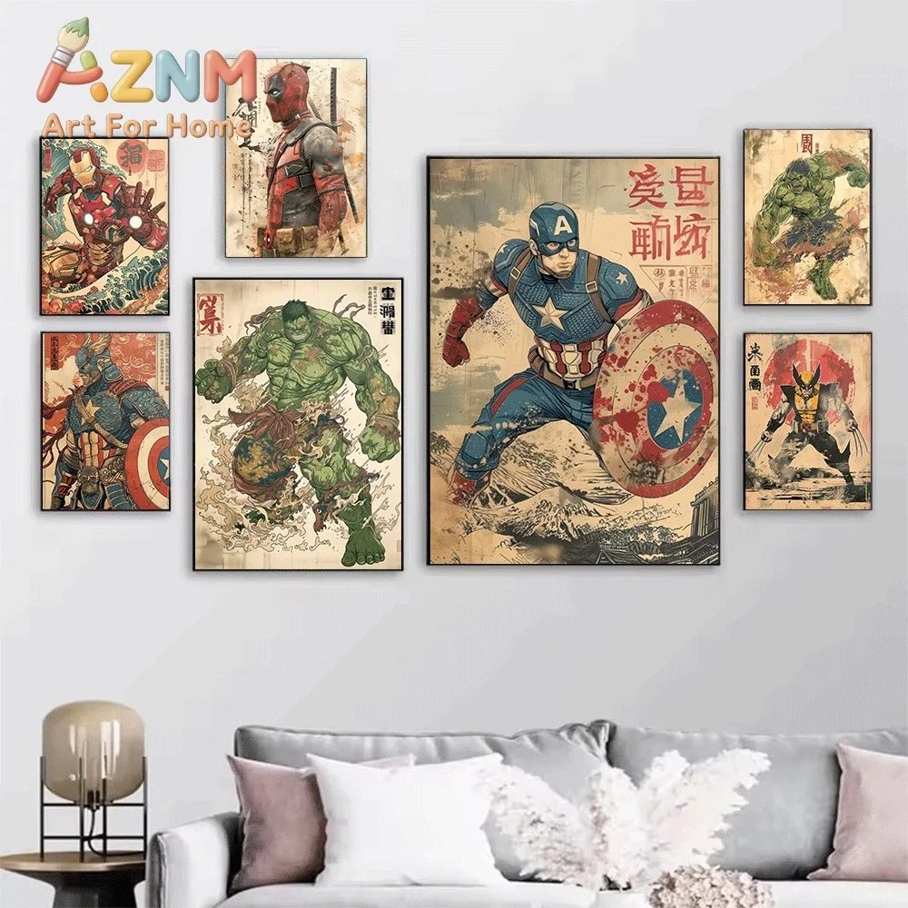 Iron Man Spider Man Wolverine Hulk Japanese Ukiyo E Canvas Wall Art Unframed Canvas Print Superhero Poster Home Decor Gift