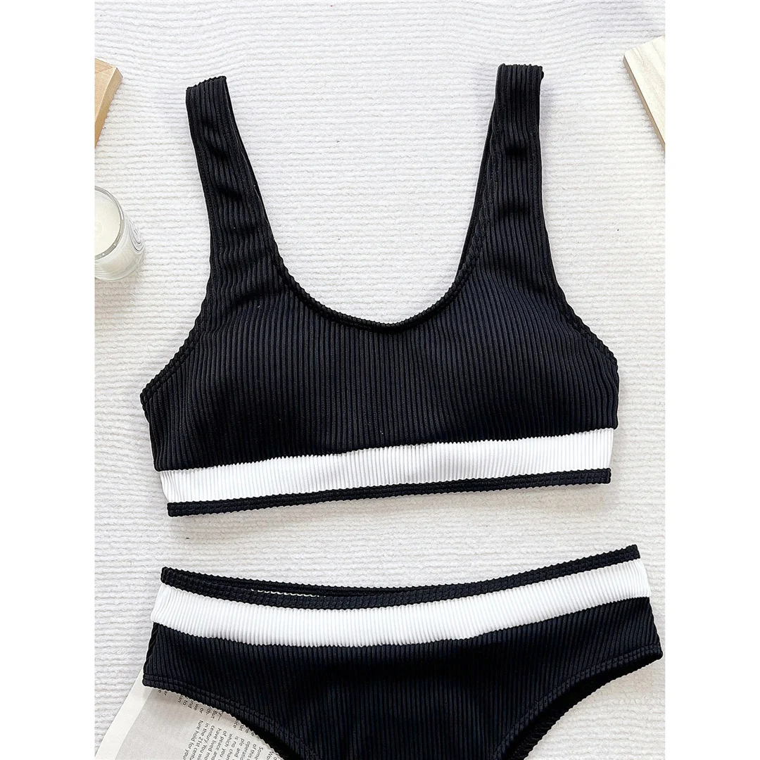 Gestreifter, hoch geschnittener Damen-Badeanzug, zweiteiliger Bikini mit hoher Taille, Bikini-Badeanzug, Damen-Badebekleidung, Bather Swim V5944 – Detail 12