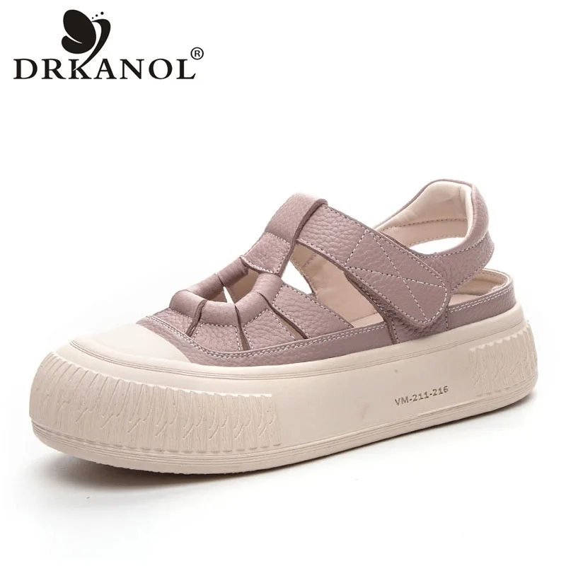 DRKANOL 2024 Women Sandals Summer Round Toe Shoes Back Strap Genuine Leather Slingback Chunky Platform Casual Sandals Female