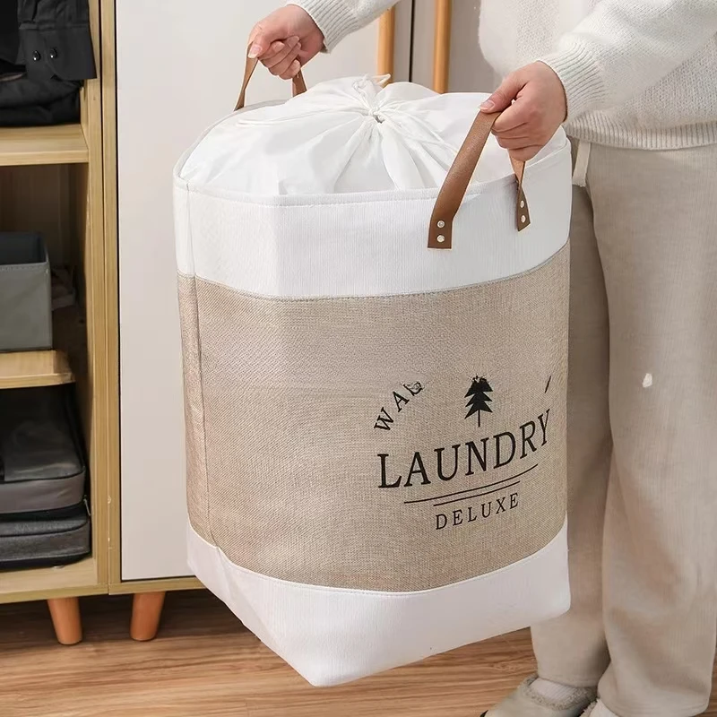 

1pcs Linen Clothes Hamper Patchwork Collapsible Laundry Basket with Leather Handles for Storage Toys and Clothing in Bedroom