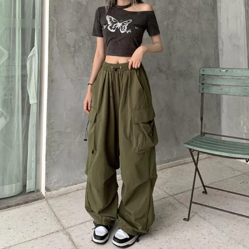 Women Casual Joggers Tech Pants Vintage Solid Low Waist Drawstring Baggy Trousers Y2K Wide Leg Sweatpants Streetwear Cargo Pants