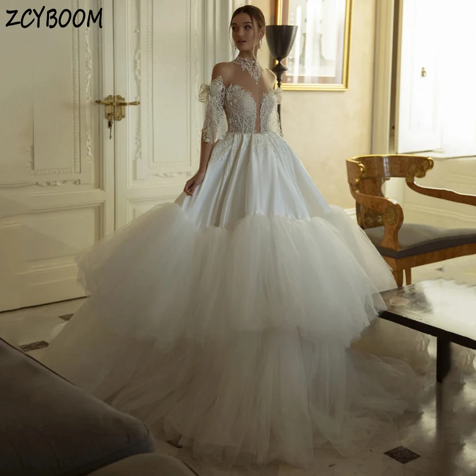 

Luxury High-Neck Off The Shoulder Shiny Bow Sleeveless White Wedding Dress 2024 Ball Gown Floor Length Sweep Train Bridal Gown