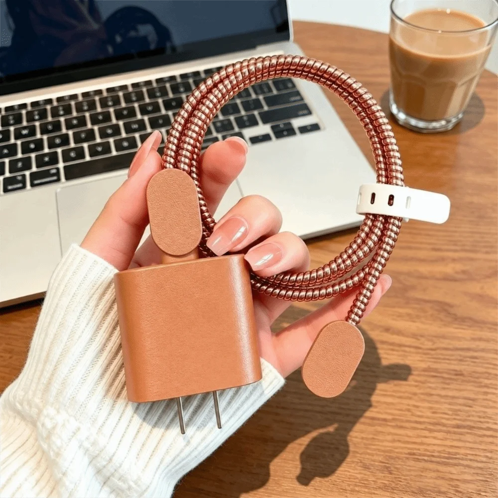 5Pcs/Set Portable Charger Protector Lychee Pattern Solid Color Charger Protective Case Faux Leather for iPhone 18/20W