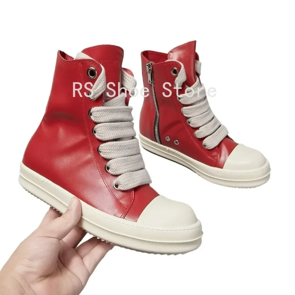 

Ro Men Sneaker Red Leather High Top Shoe Jumbo Laces Ankle Boot Women Casual Shoes Zipper Gray Cowhide Boots Sneakers