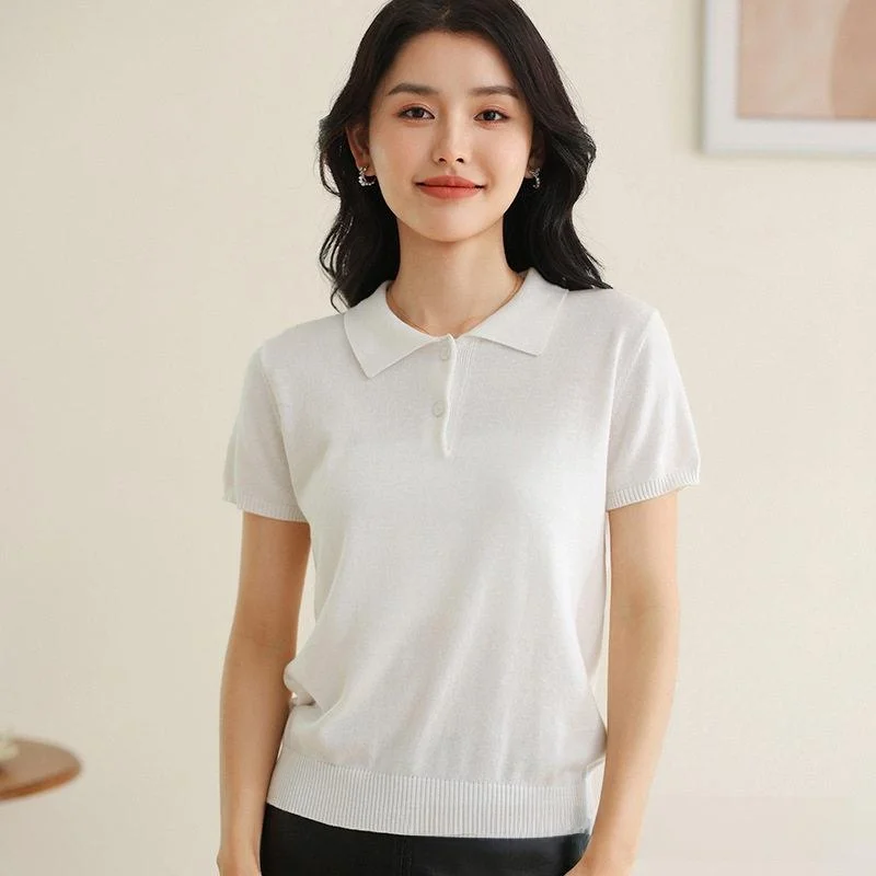 

Fashionable Neck Knitted Cotton T-Shirt Women's Sleeveless Top Half Sleeve Pure Cotton Pullover Simple Style Short Sleeve