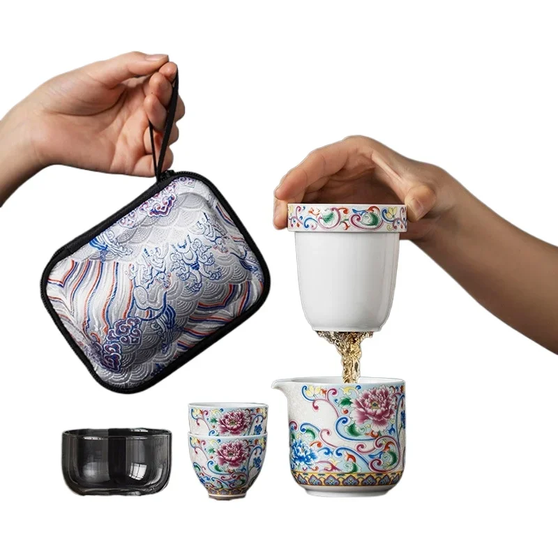 

Enamel ceramic travel tea set Portable one-person drinking outdoor tea set