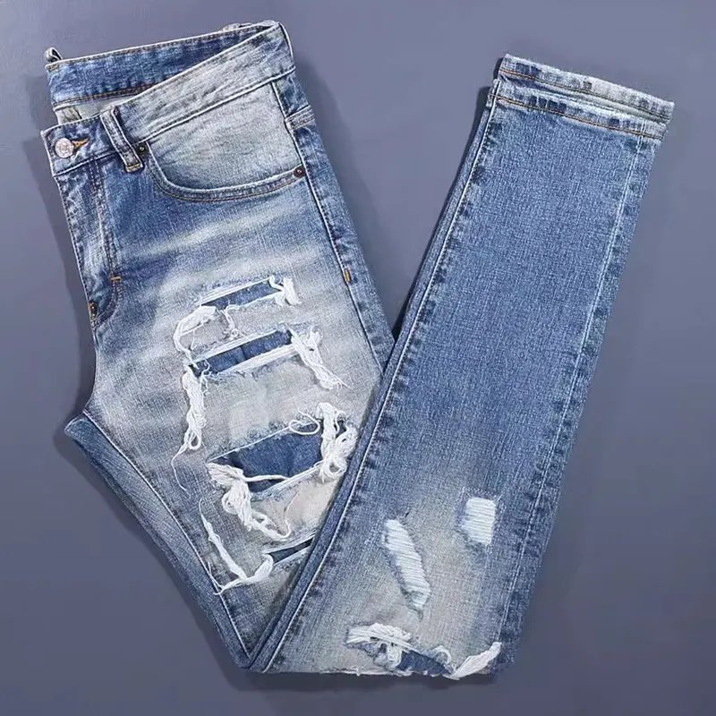 High Street-pantalones vaqueros rasgados para Hombre, Jeans elásticos, ajustados, con agujeros, de diseñador, de marca, Hip Hop, Retro, azul