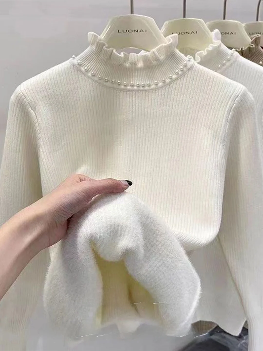 Soft Korean Style Pearl Knit Sweater Women's Slim Fit Half High Collar Wooden  Autumn New Style Versatile Long Sleeve Swe...