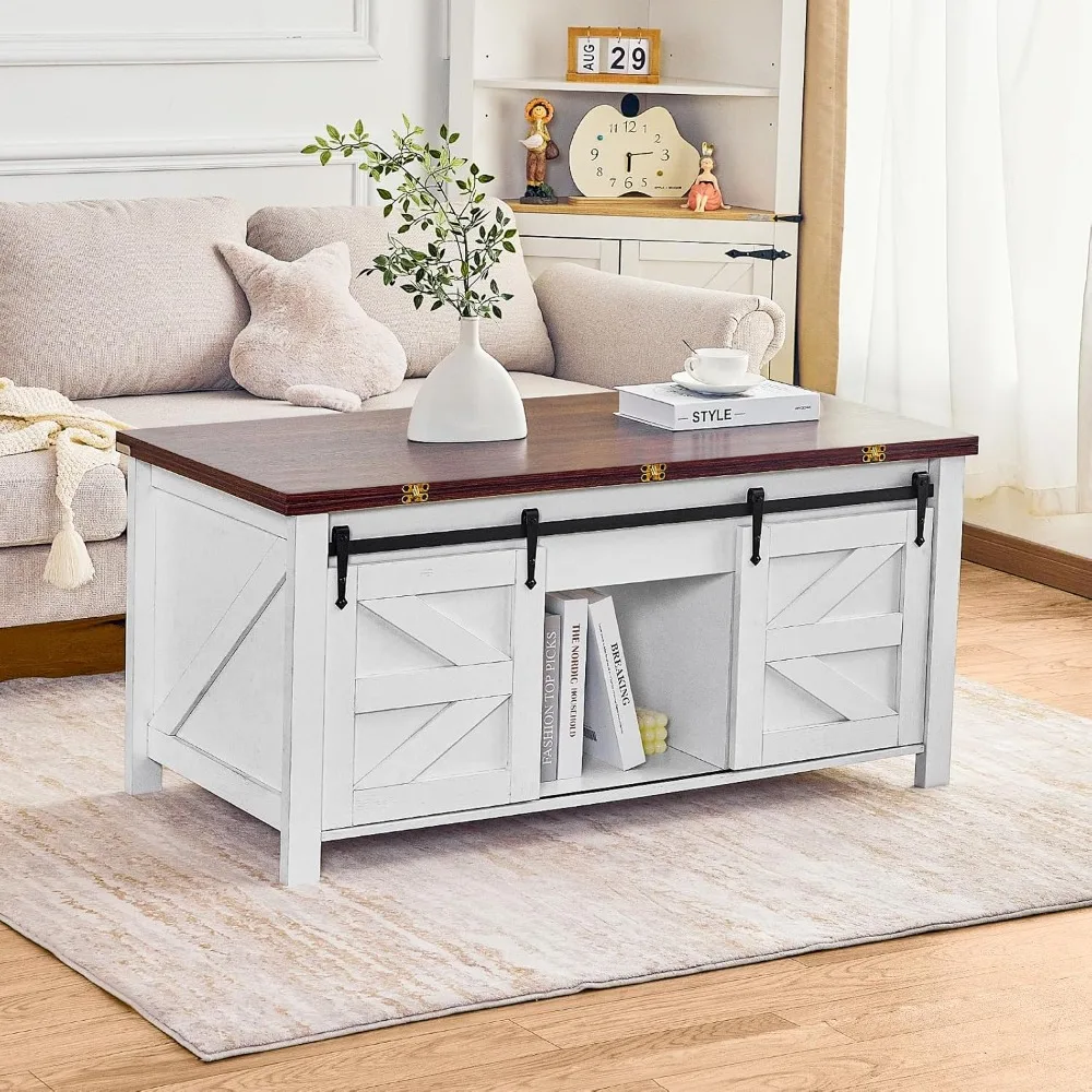 Table basse relevable Farmhouse, table basse convertible multifonction 3 en 1 avec rangement et compartiment caché, table basse