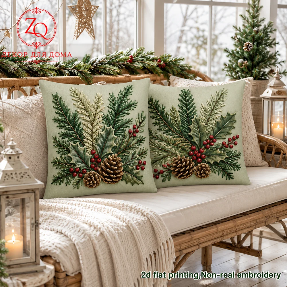 Pine Cone Pine Needle Berry Peach Skin Throw Pillow Cover 2D Flat Printed Sofa Cushion Case Living Room Decor Xmas