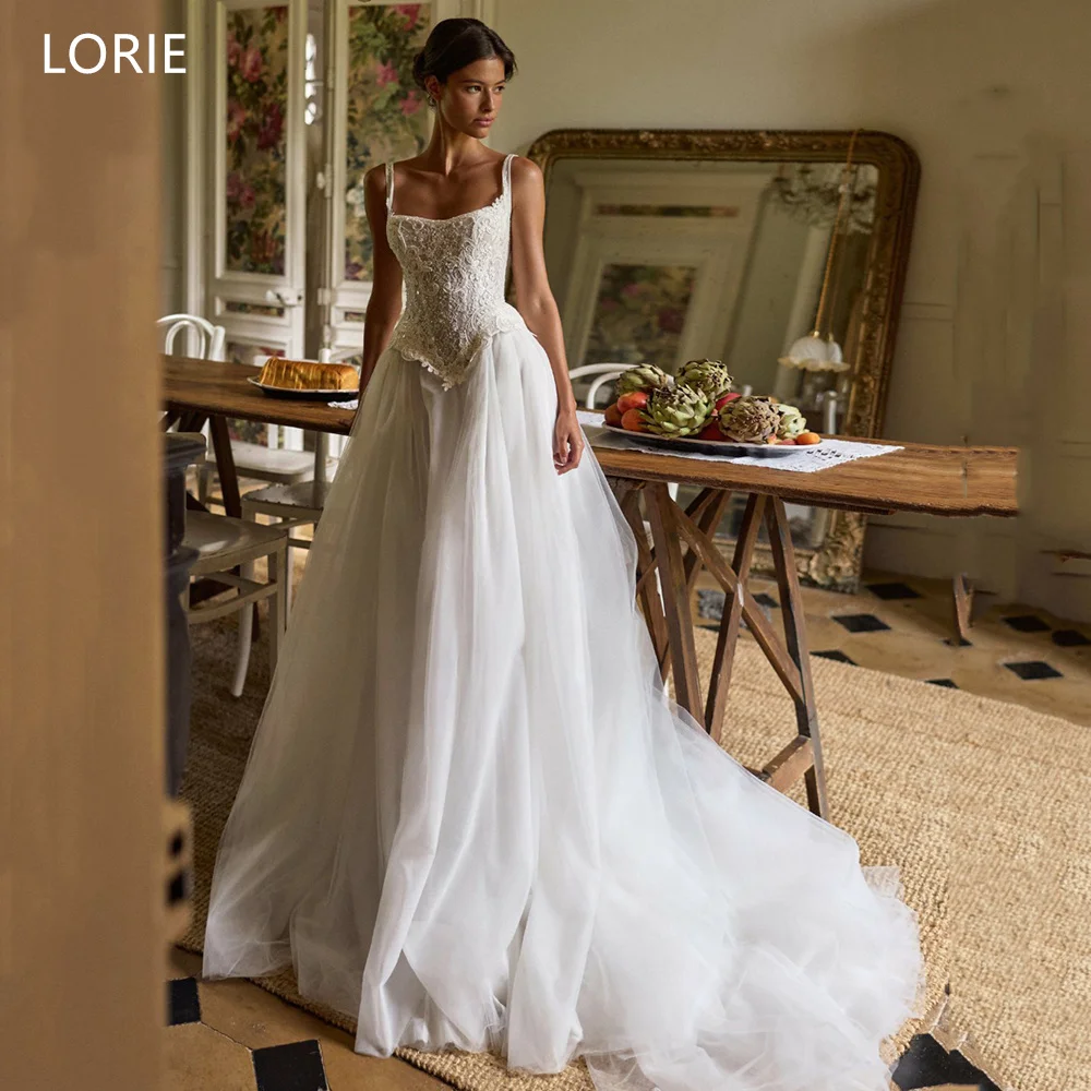 

LORIE Exquisite Tulle Wedding Dresses Beading Lace Spaghetti Straps Bride Prom Gown A-Line Long Train Bridal Gowns Customized