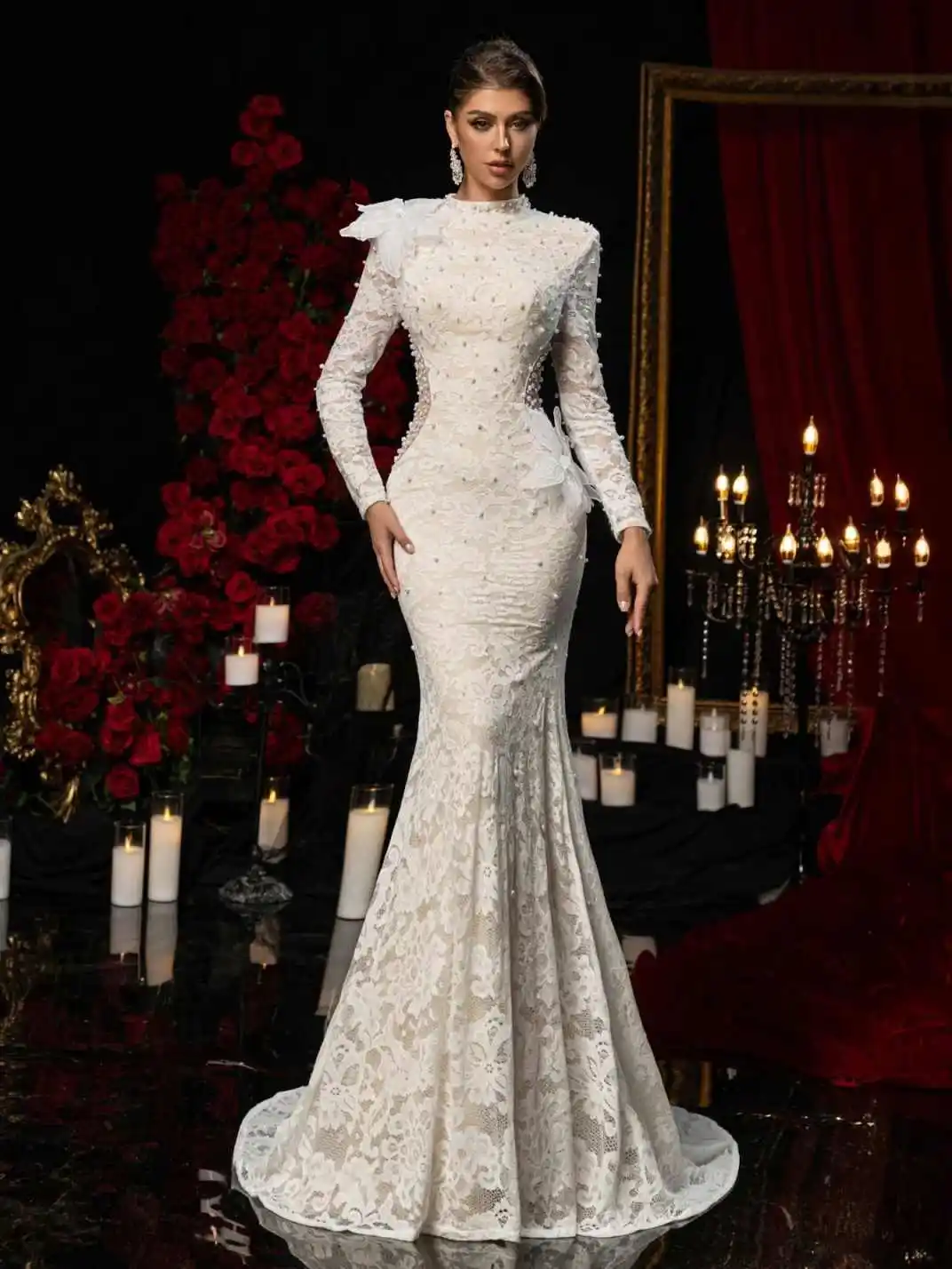 セクシーなマーメイドウェディングドレス真珠アップリケOネック長袖花嫁ドレスシースレーススイープトレインブライダルガウンカスタマイズ