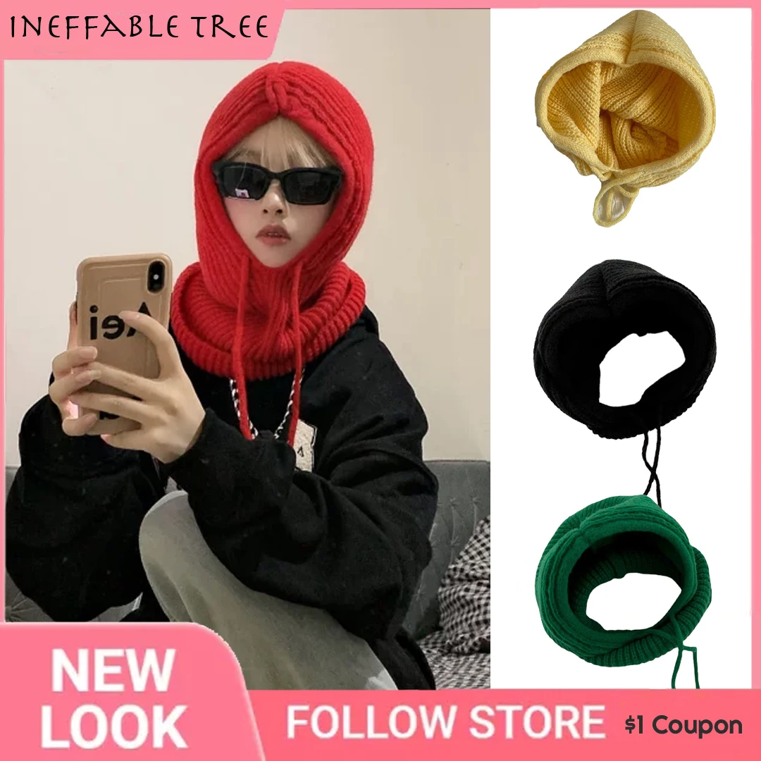 

Korean Chic Scarf One-piece Skull Cap Women Autumn Winter Quirky Drawstring Simple Knit Balaclava Casual Beanies Tide Bonnet Hat