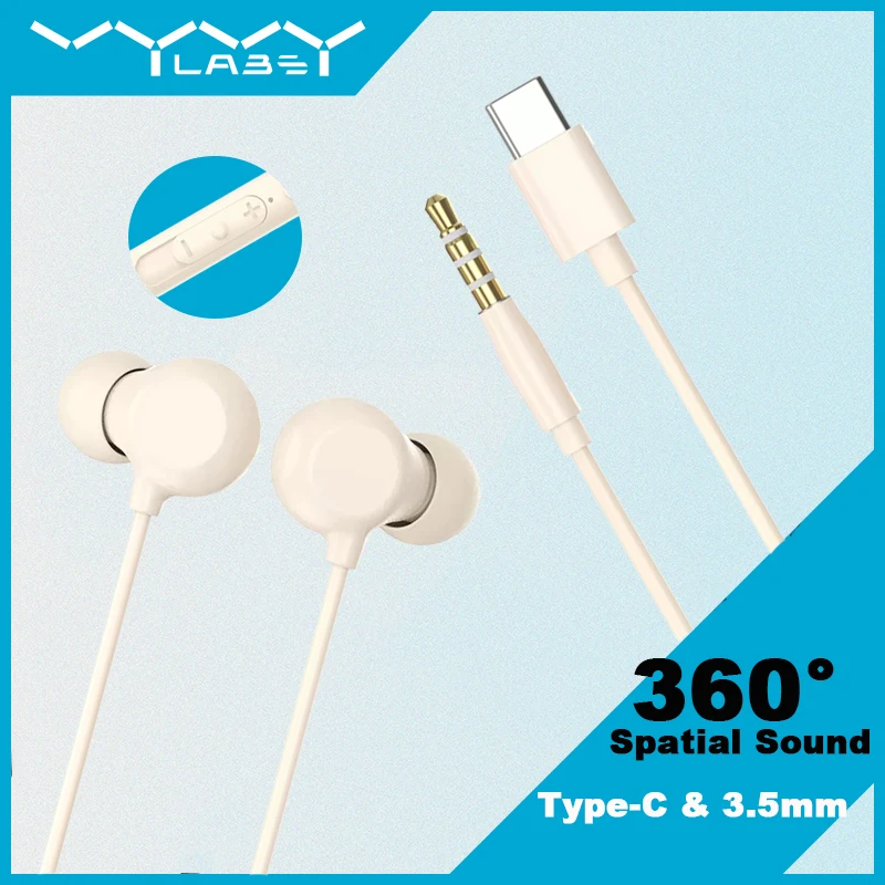 

VYVYLABS Type C 3.5mm Wired Earphones Bass Sound Earphone In-Ear Sport Earphones With Mic For iPhone 17 Xiaomi Samsung MP3