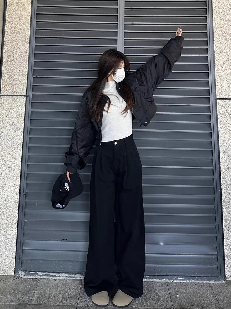 

Джинсы женские с высокой талией, широкие, свободные, прямого кроя, с драпировкой, повседневные, на все сезоны, черные