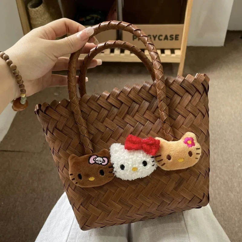 Kawaii Hello Kitty Beach Straw Handbag Y2k Cute Cartoon Kitty Cats Doll Decor Woven Bags Casual High Capacity Tote Bag For Women