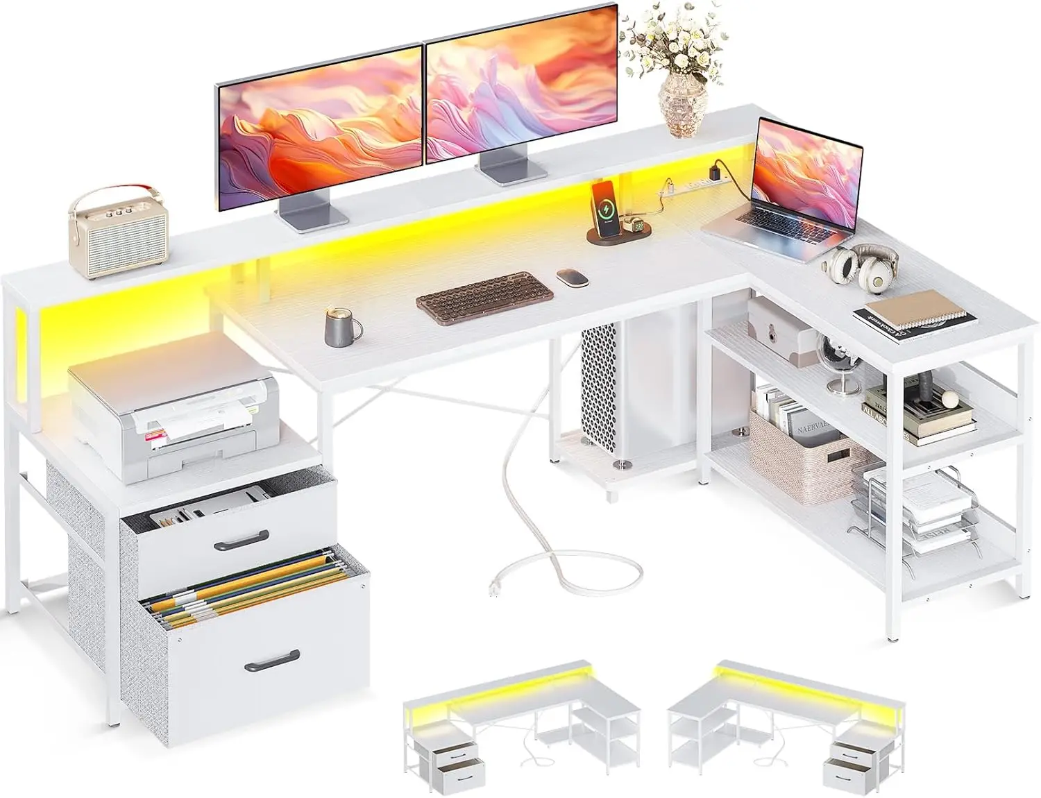 

L-shaped desk with file drawers, 66 inch reversible L-shaped computer desk, game desk with monitor stand, corner table, White