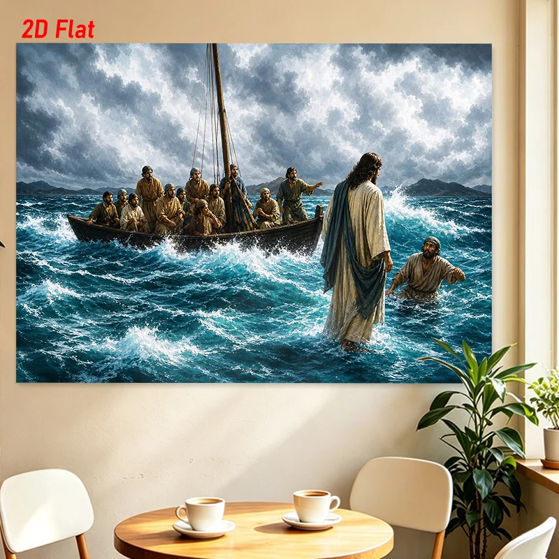 Jesus Walking on Water Tapestry Bible Story Wall Hanging Stormy Sea Boat Decor Religious Christian Art Cloth Living RoomOrnament