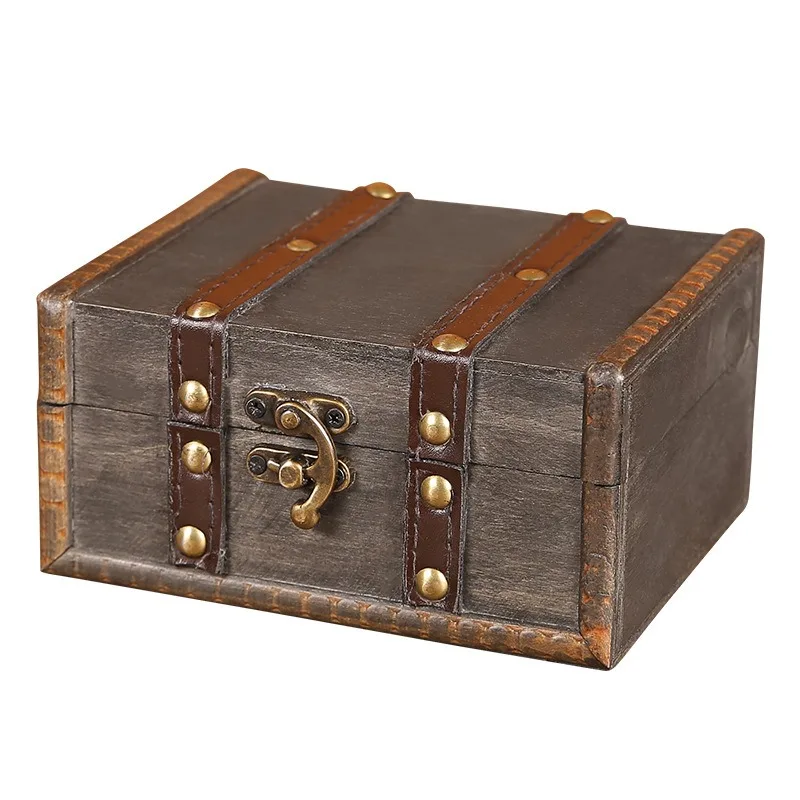 Vintage Wooden Storage Box Retro Decor Jewelry Treasure Chest Ornament Container for Necklace Trinket Collectible Prop