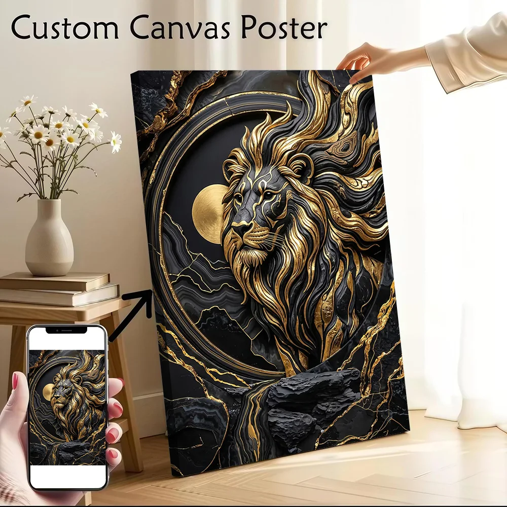 Fantasy Majestic Lion Head With Gold Accents Printed Canvas Poster Personalized High Quality Wall Art Paintings for Decor Room